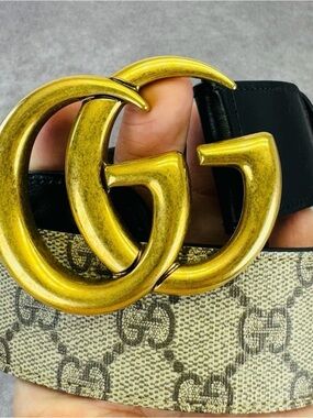 Gucci Beige GG Monogram Canvas Belt with Gold Double G Buckle